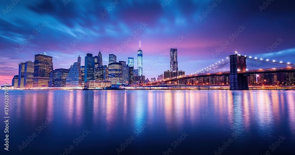 Naklejka premium Vibrant city skyline at dusk with illuminated skyscrapers and a suspension bridge reflecting colorful lights over calm water under a dramatic purple and blue sky