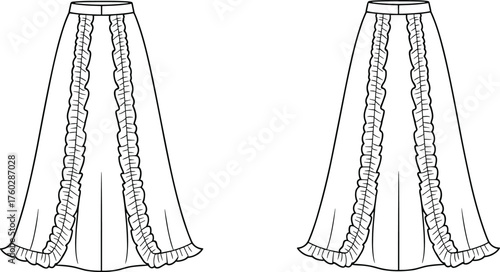 Long ruffle panel skirt fashion sketch, front and back view, garment construction details, cad drawing flat vector illustration