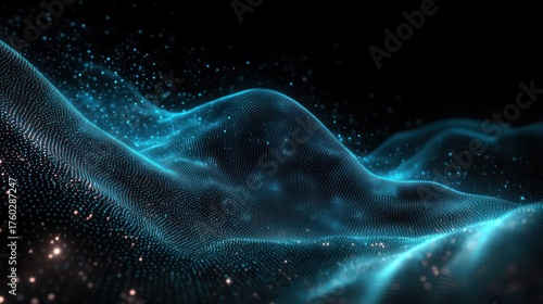 Abstract wave of glowing blue digital particles flowing and swirling on a dark background creating a sense of depth and motion