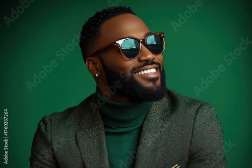 Smiling stylish man wearing tortoiseshell sunglasses, dark green turtleneck and blazer posing confidently against a green background