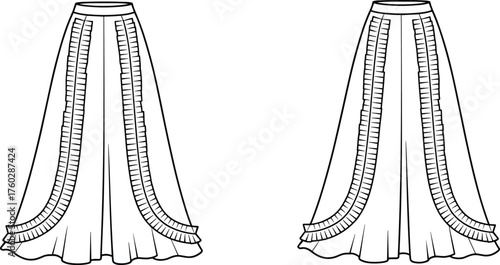 Long pleated trim skirt fashion sketch, front and back view, garment construction details, cad drawing flat vector illustration
