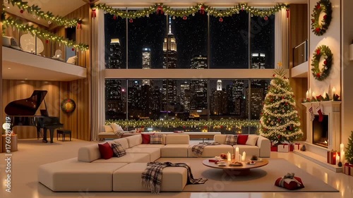 A chic, modern penthouse in New York City decorated for Christmas. The large windows offer a spectacular night view of the illuminated city skyline, blending festive cheer with urban luxury.
