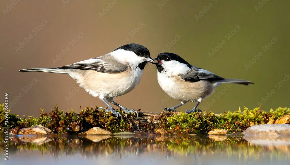 Obraz premium Two small birds perched near water, touching beaks