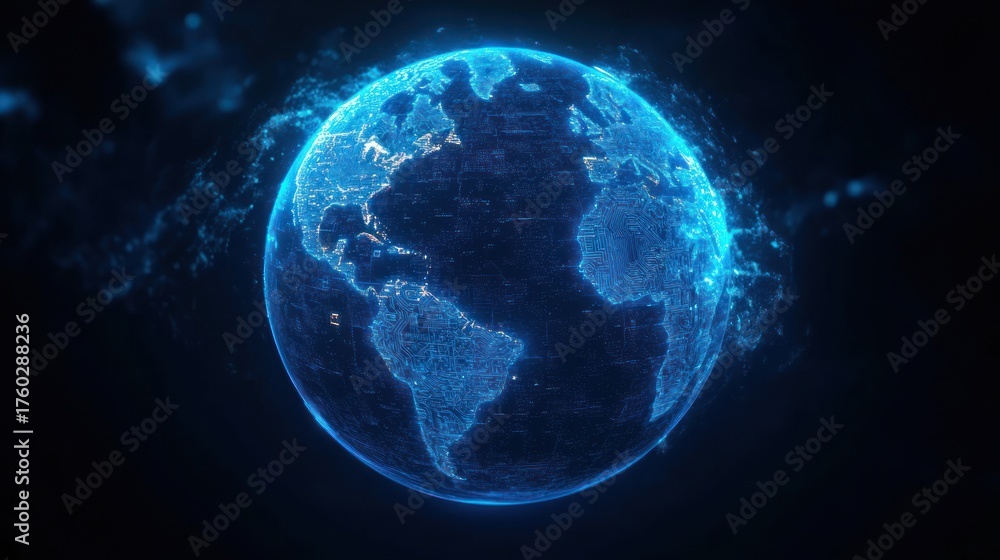 Obraz premium Digital glowing blue planet earth with illuminated continents and intricate circuitry patterns on surface in a dark space background
