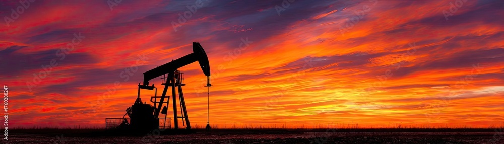 Obraz premium Silhouette of oil pump jack against sunset sky concept. Silhouette of an oil pump against a stunning sunset sky.