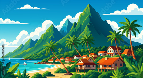 Tropical Paradise Coastal Village Nestled Between Lush Mountains and Sandy Beaches Under a Clear Blue Sky