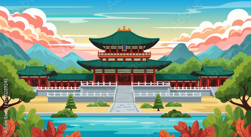 Scenic landscape illustration of a historic Korean royal palace featuring traditional architecture and beautiful natural surroundings