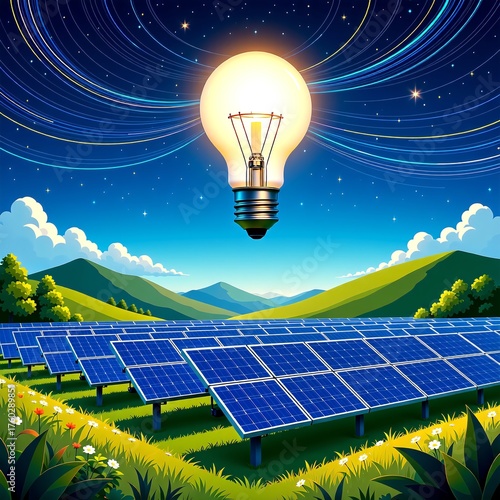 Solar panel array generating clean energy, symbolised by a light bulb emitting beams of light representing renewable power in a sustainable environment