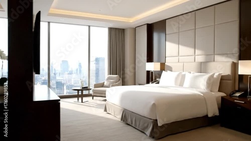 Luxurious High-Rise Apartment Living Room with Cityscape Views and Modern Art