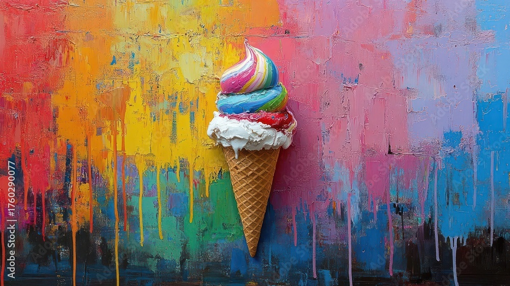 Obraz premium A Rainbow Swirl Ice Cream Cone With White Frosting Stands Against a Vibrant Dripping Paint Wall Covered in Glitter