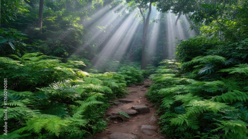 Fototapeta premium Sunlight Streaming Through Lush Green Forest with Ferns and a Winding Path