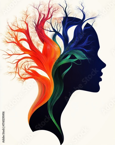Silhouette of a female head with vibrant colorful tree branches growing outward symbolizing creativity and thought