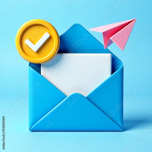 Email Success 3D Render of Open Blue Envelope with Check Mark and Paper Airplane, Symbolizing Inbox Approval and Message Sent
