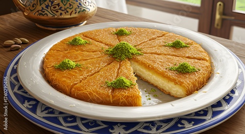 Golden kunafa dessert pie on a decorative plate with pistachio topping creates a sweet mood.