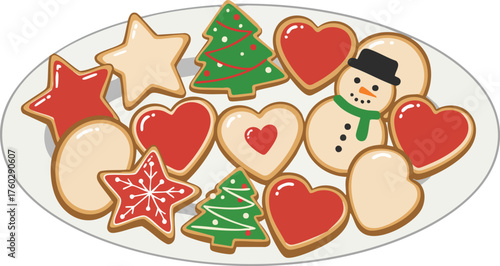 A white oval platter filled with an assortment of festive holiday cookies, including red hearts, stars, Christmas trees, and a snowman.