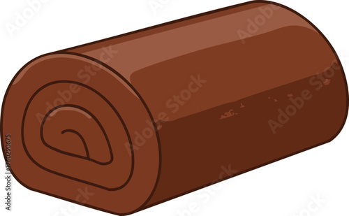 A detailed illustration of a chocolate Swiss roll cake, showing the spiral layers.