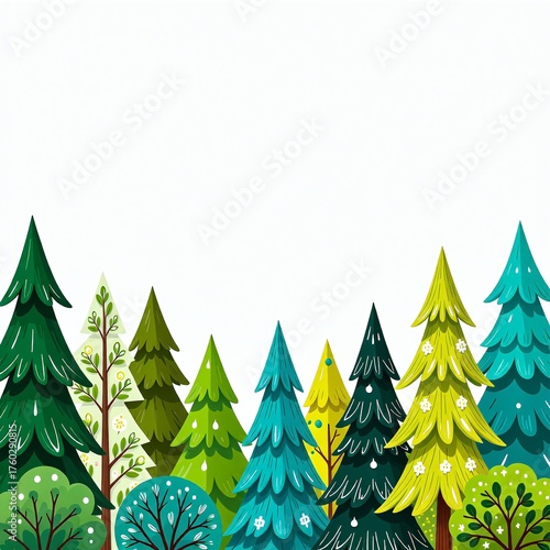 Stylized forest border featuring a colorful variety of green and blue pine trees. A flat design vector illustration on a white background with ample copy space for text