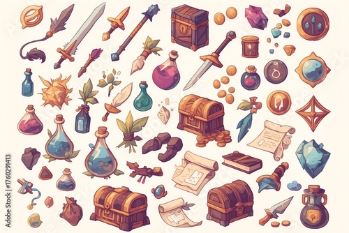 Role-Playing Game Item Material Collection (Fantasy, RPG, Magic, Weapons, Treasures)