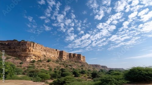 Majestic Rocky Cliff with Green Vegetation Under Bright Blue Sky with Fluffy Clouds in Scenic Landscape