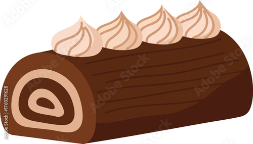 A delicious chocolate yule log cake with cream frosting on a white background, perfect for holiday celebrations.