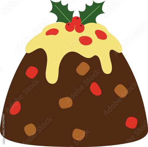A detailed illustration of a traditional Christmas pudding, topped with cream and holly.