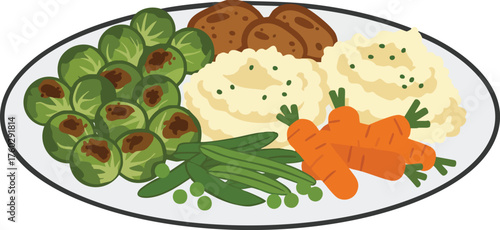 A cartoon illustration of a traditional dinner plate filled with mashed potatoes, roasted brussels sprouts, carrots, green beans, and sliced meat.