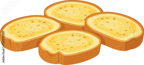 Four slices of toasted garlic bread with a buttery spread, depicted in a simple vector illustration.