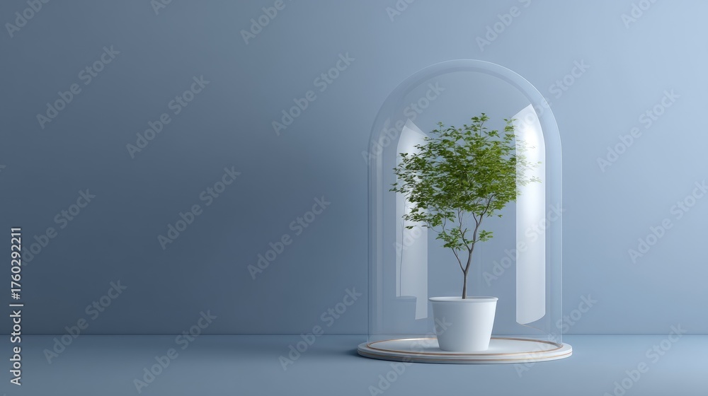 Fototapeta premium Potted Plant Under Glass Dome on Wooden Base with Minimalist Blue Background for Modern Home Decor and Interior Design