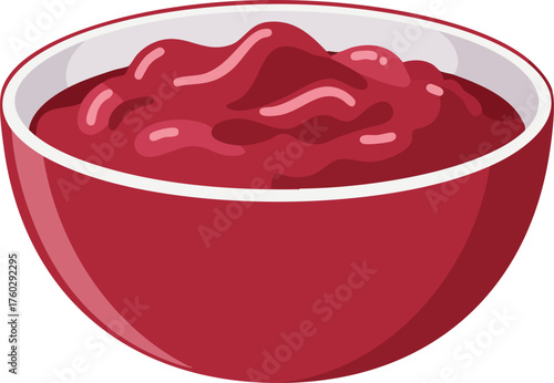 A vibrant red bowl filled with a thick, smooth, and glossy cranberry sauce.