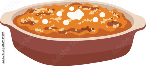 Illustration of a baked casserole dish with a golden-brown topping and white dollops, served in a rustic ceramic baking pan.