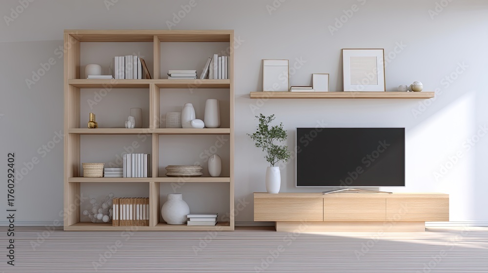 Fototapeta premium Modern Minimalist Living Room Design with Wooden Furniture and Elegant Decorations for Contemporary Interiors