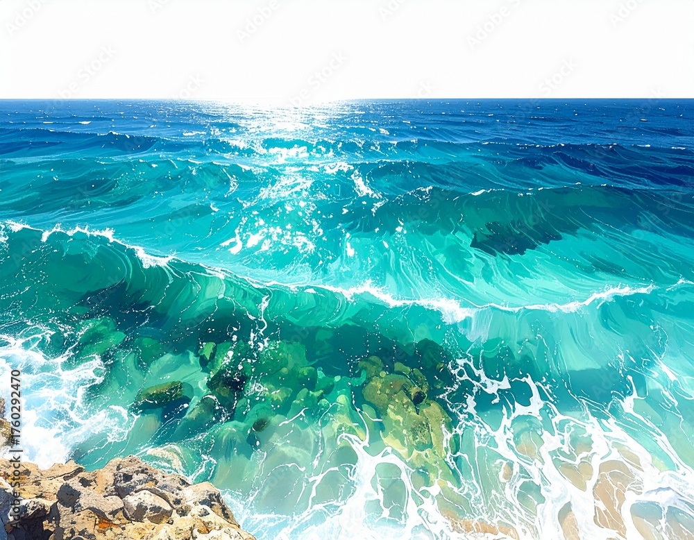 Fototapeta premium Overhead View Turquoise Ocean Water Mockup: Clear Surface Texture on Pure White