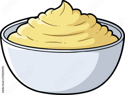 A simple cartoon illustration of a white bowl filled with a creamy, swirled yellow dip or spread, isolated on a white background.