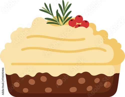 A delicious-looking shepherd's pie with a fluffy mashed potato topping, garnished with rosemary and red berries.