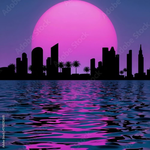 Vibrant sunset silhouette over city skyline with reflective rippling water