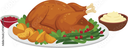 A festive holiday dinner platter with a roasted turkey, mashed potatoes, green beans, and cranberry sauce on a white background.