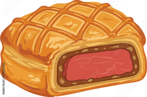 Illustration of a beef wellington with golden crust and visible meat.