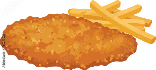 Illustration of a breaded cutlet with a side of french fries.