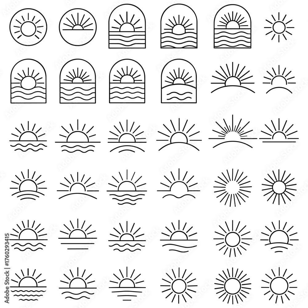 Fototapeta premium Flat vector sun icon pattern, minimal abstract sunshine symbols set