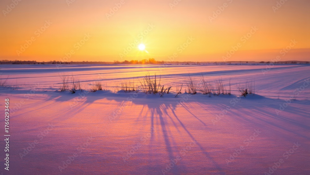 Naklejka premium Vibrant sunset casts long shadows across a snow covered field with bare branches