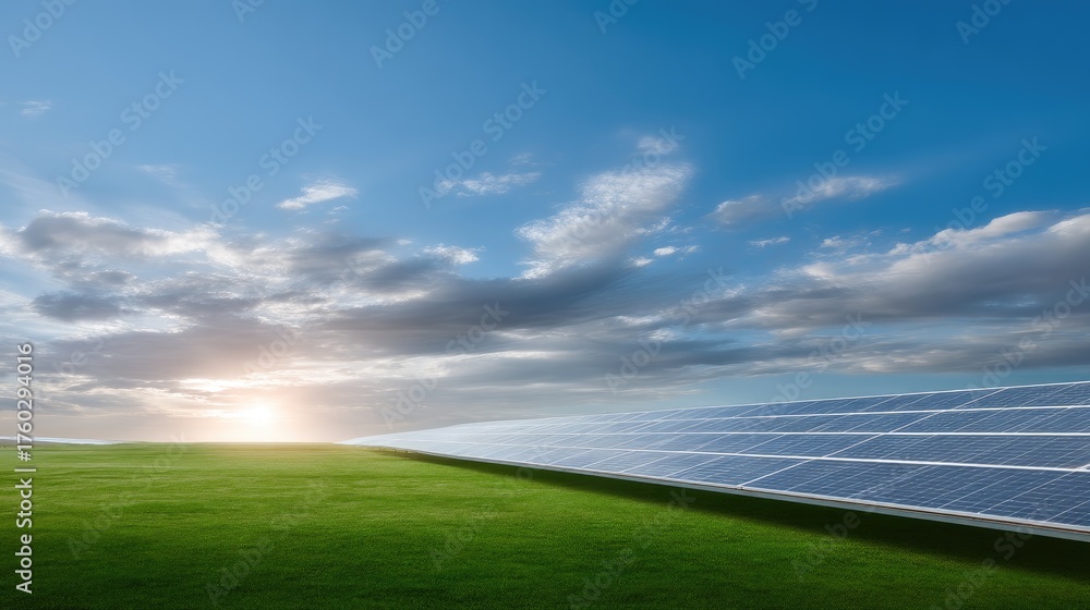 Fototapeta premium Solar Panel Array on Green Field Under Bright Blue Sky with Clouds and Sunrise in the Background