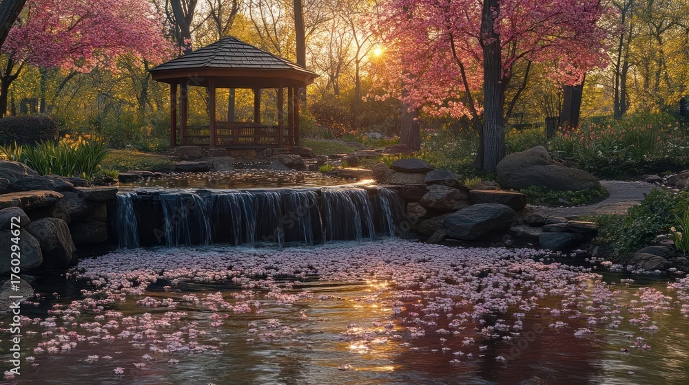 Obraz premium Tranquil Springtime Gazebo Garden With Cascading Waterfall And Pink Cherry Blossoms Reflecting Golden Sunlight At Dawn