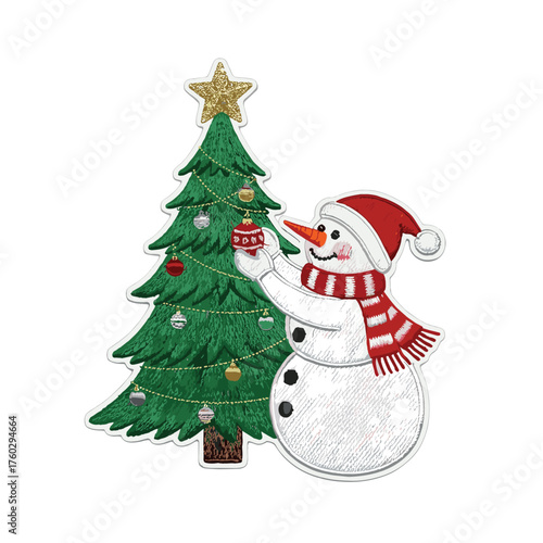 Embroidery style snowman decorating a Christmas tree vector art digital download.