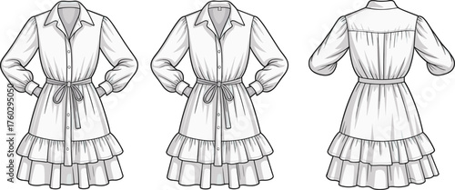 Fashion dress technical flat sketch, long sleeve belted dress illustration, tiered ruffle skirt design, collared neckline garment drawing, apparel manufacturing vector template