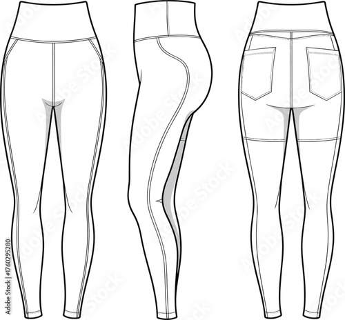 Technical fashion flat sketch leggings front, side, back view, activewear design template, contour seam details, waistband, pockets, apparel illustration, garment construction, vector outline drawing