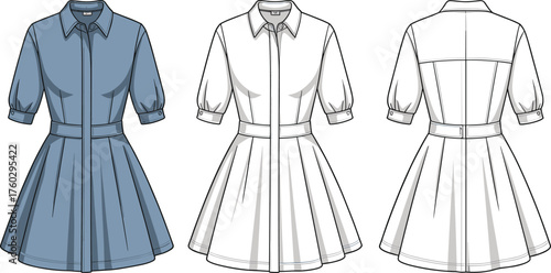 Fashion technical flat sketch dress design, front side back view, collared neckline, button down shirt dress, belted waist, flared skirt, garment illustration template