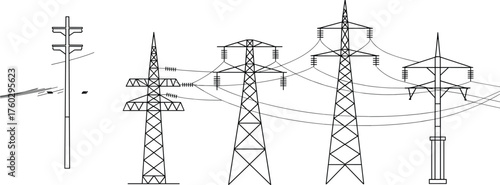 Electrical transmission tower illustration, utility pole drawing, high voltage power line, lattice tower design, energy infrastructure sketch, electricity distribution structure,