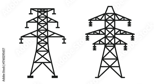 Black and white illustration of two high voltage electricity transmission towers