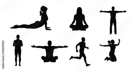 Silhouettes of people demonstrating various yoga and active poses