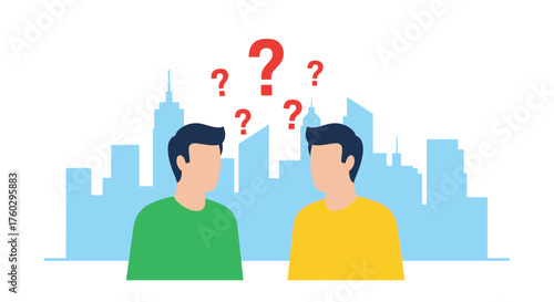 Two men discussing ideas with question marks above a city skyline